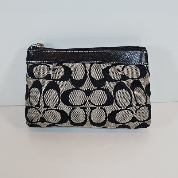 COACH Signature Fabric Zippered Pouch Small Bag Black and Grey Signature Coin - Picture 1 of 8